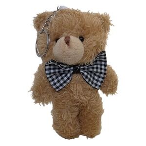 Teddy Bear Keychain Bag Charm Brown Plush Bear with Gingham Bow Tie 4.5 Inch
